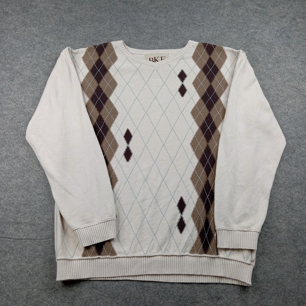 BKE Sweater Mens 2XL Beige Cotton Argyle Diamond Crewneck Knit Pullover Top